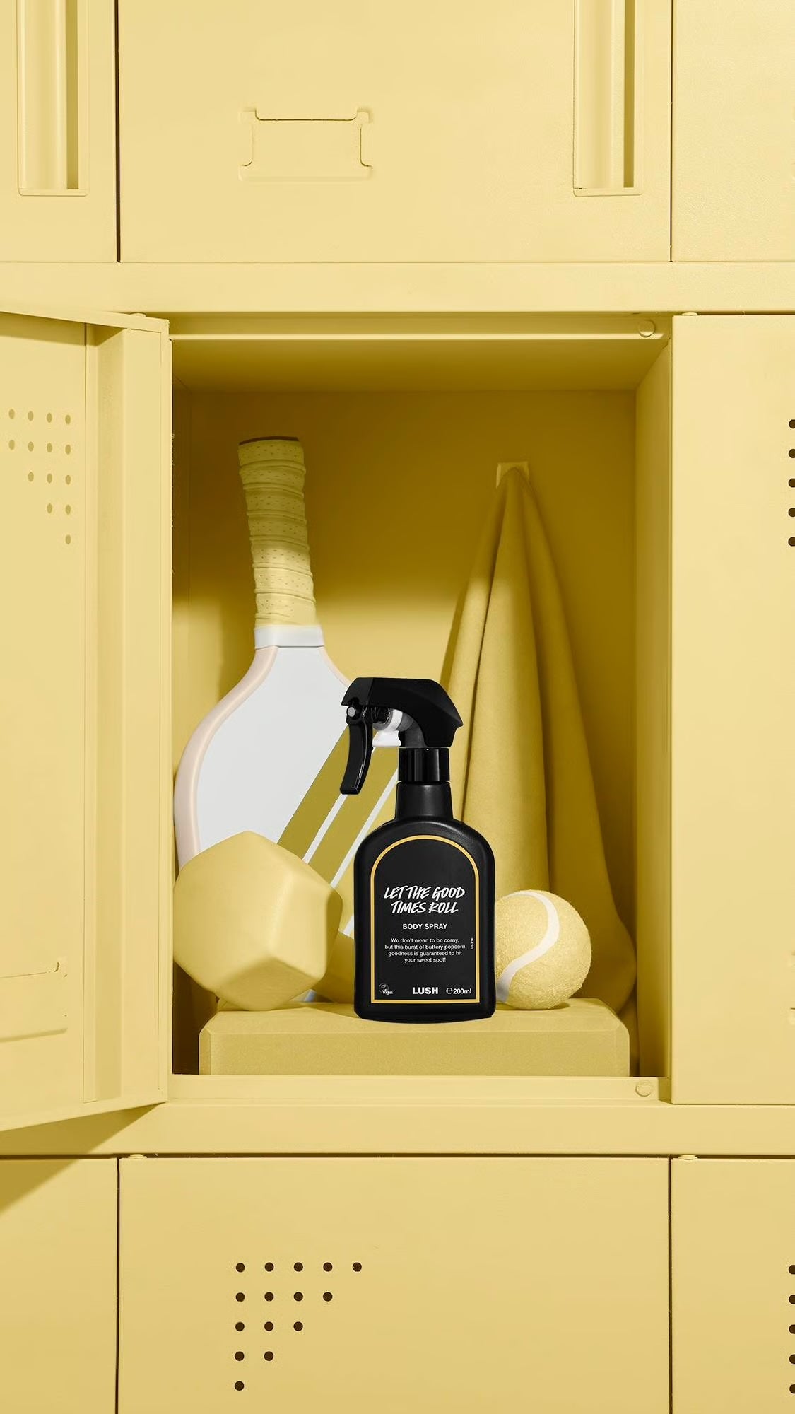 Lush's Let The Good Times Roll body spray placed in a locker