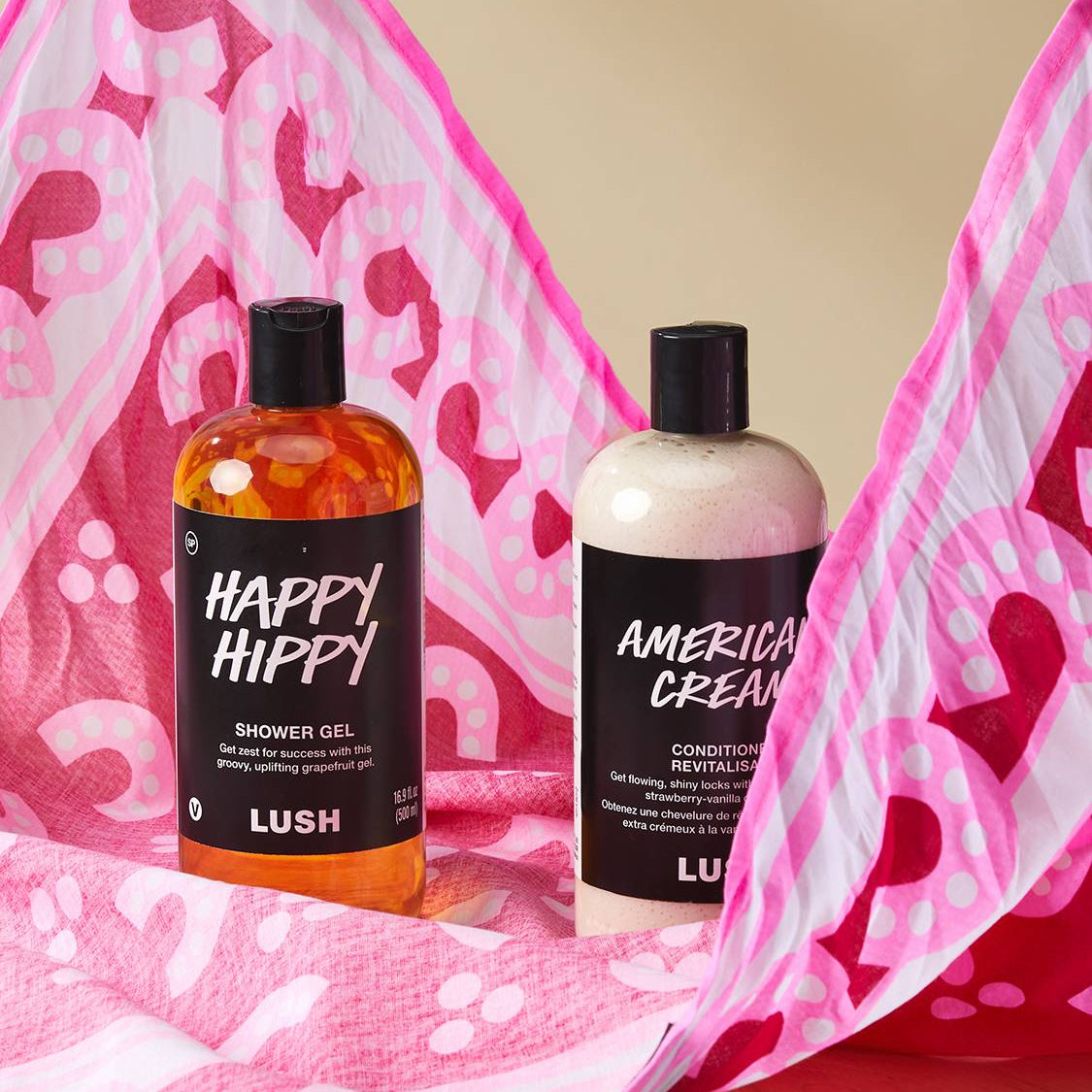 A person wrapping cream bottles with Lush&