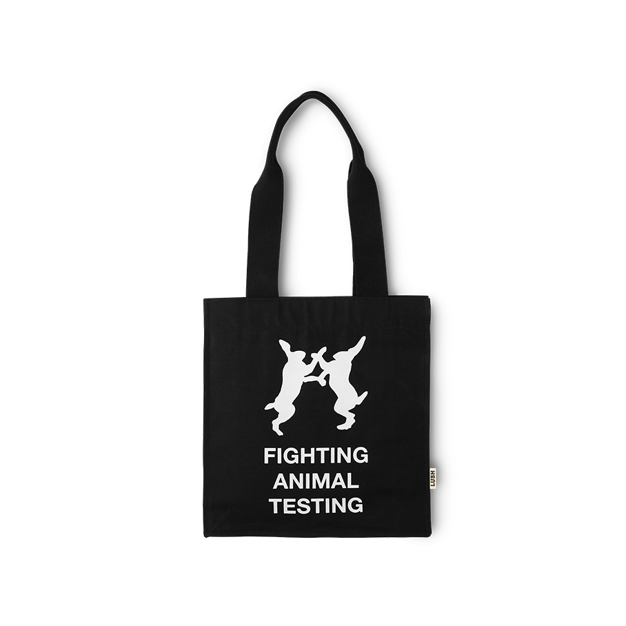 Lush FAT Tote Bag, with “Fighting Animal Testing” printed in bold white letters.