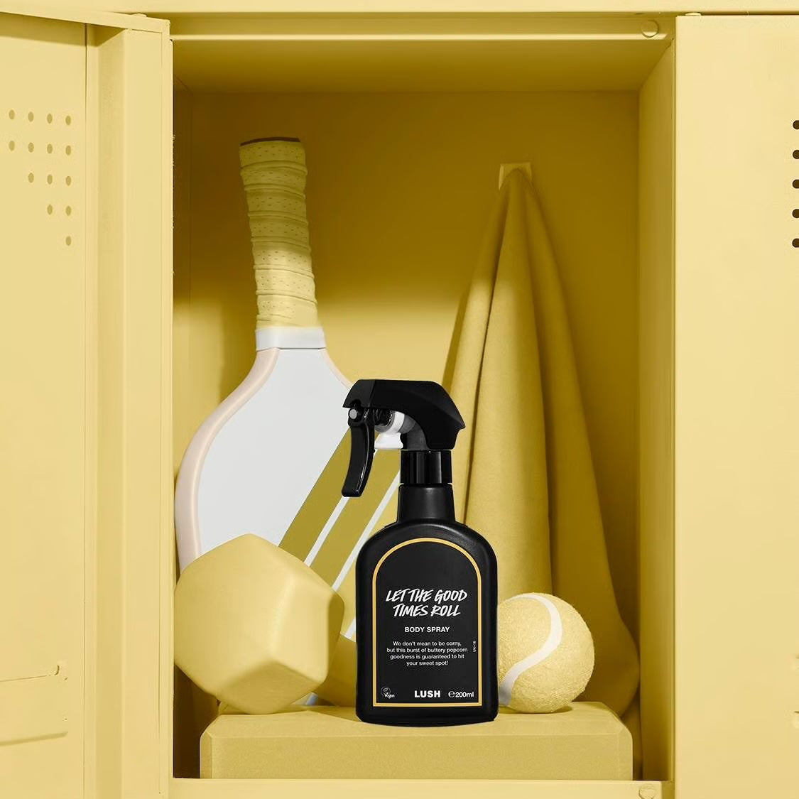 Lush's Let The Good Times Roll body spray placed in a locker