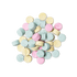 A pile of small, circular, multicoloured Refresher toothpaste tabs shot from above.