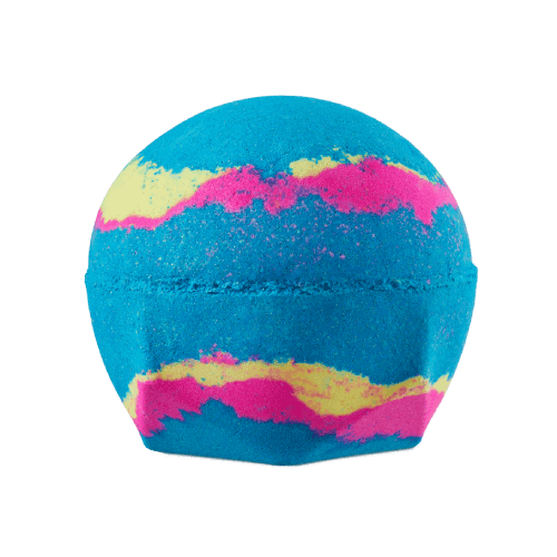 Intergalactic. A round, vibrant blue bath bomb, with pink and neon yellow swirls.